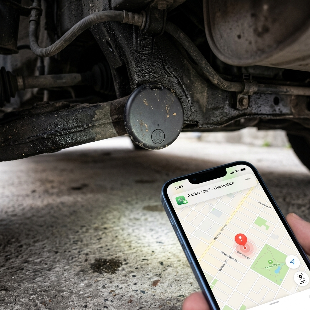 Black circular GPS tracker shown with a mobile map and vehicle