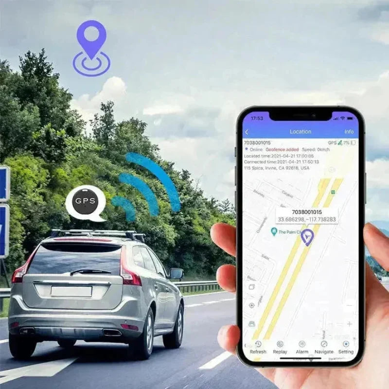Black circular GPS tracker shown with a mobile map and vehicle