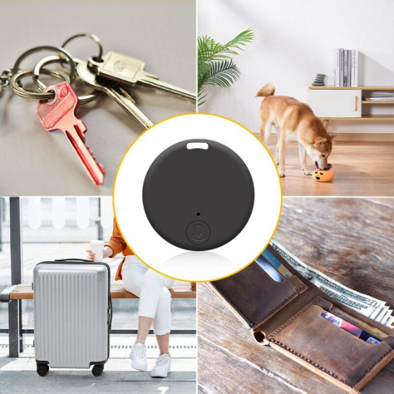 Black circular GPS tracker shown with a mobile map and vehicle