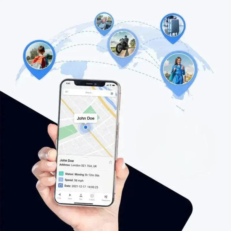 Black circular GPS tracker shown with a mobile map and vehicle