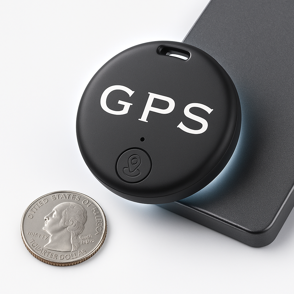 Black circular GPS tracker shown with a mobile map and vehicle