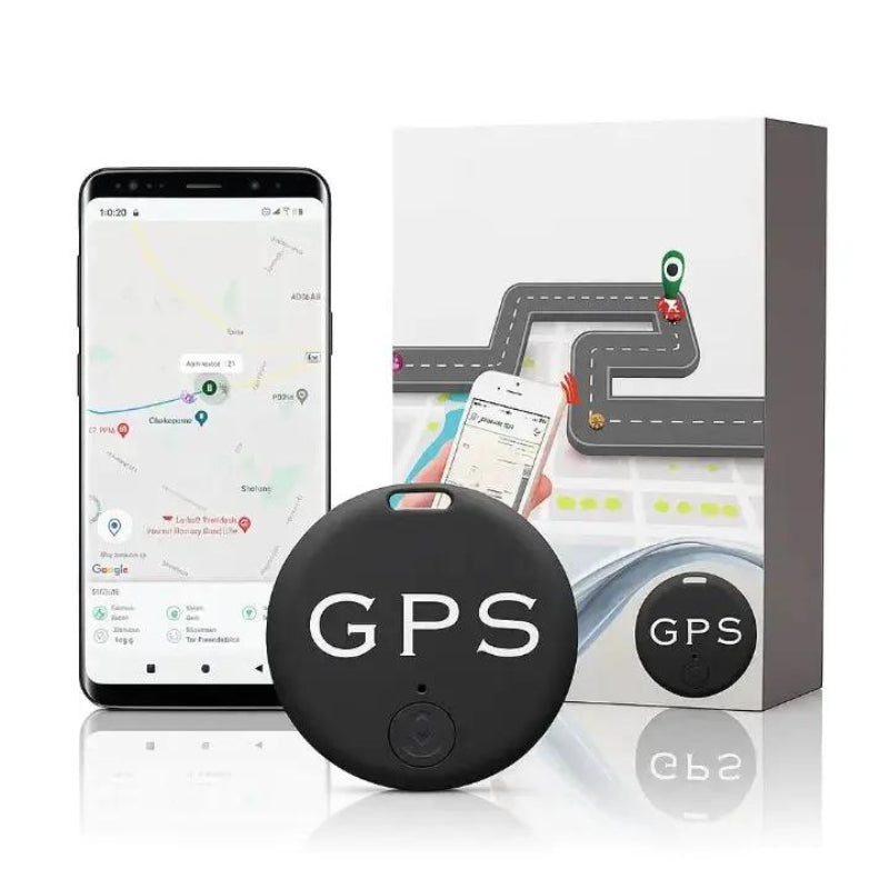 Black circular GPS tracker shown with a mobile map and vehicle