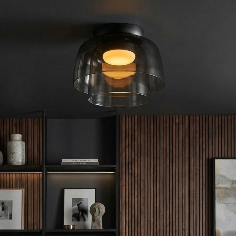 Integrated LED ceiling light with rounded smoked glass shade