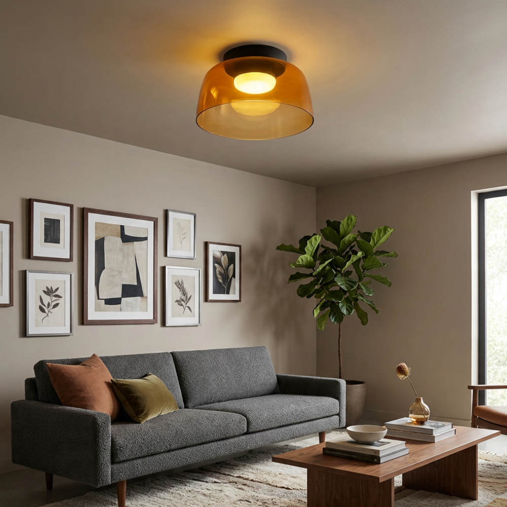 Integrated LED ceiling light with rounded smoked glass shade