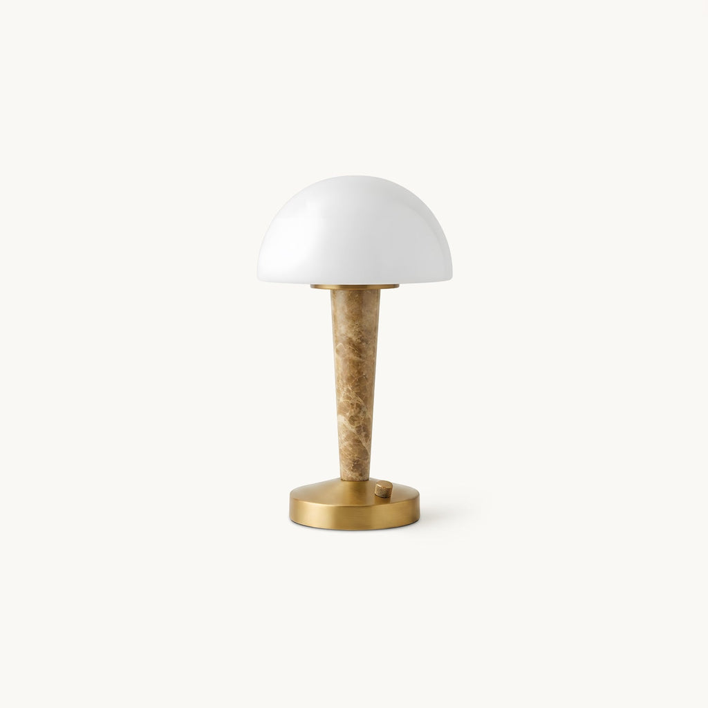 Table lamp with white dome shade, gold finish base and marble-effect stem