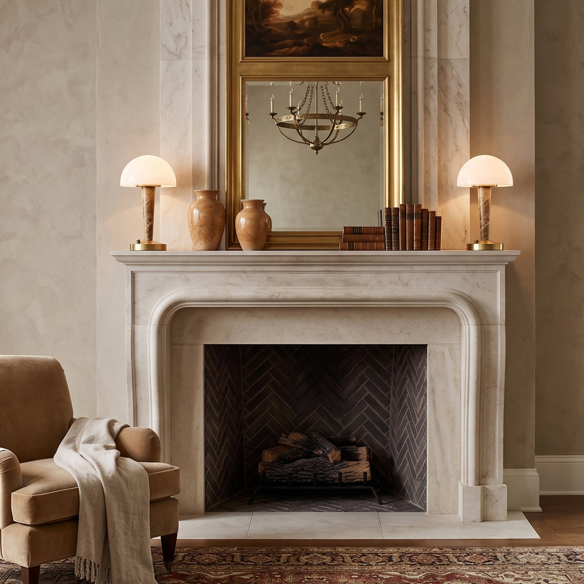 Table lamp with white dome shade, gold finish base and marble-effect stem