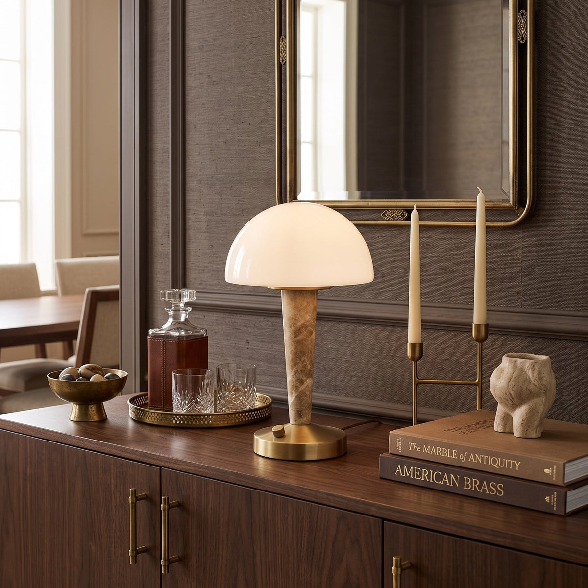 Table lamp with white dome shade, gold finish base and marble-effect stem
