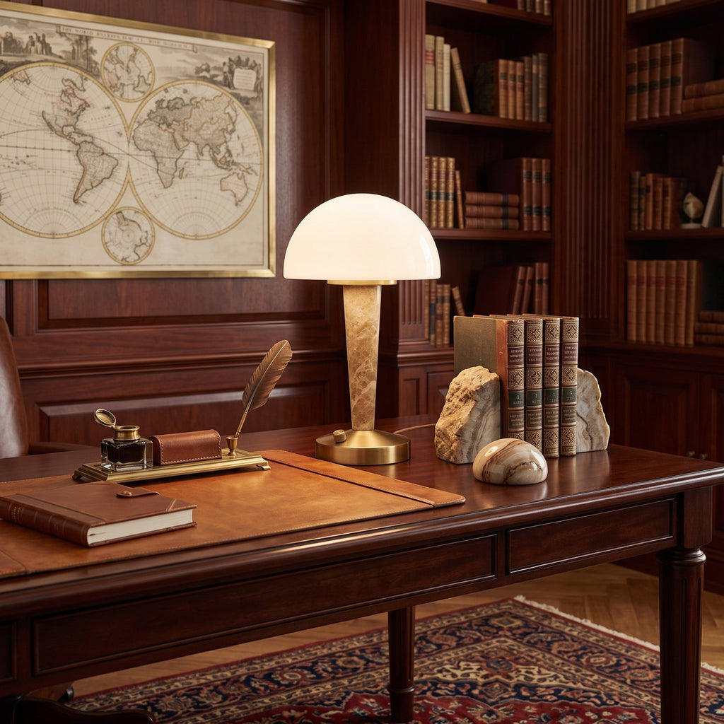 Table lamp with white dome shade, gold finish base and marble-effect stem
