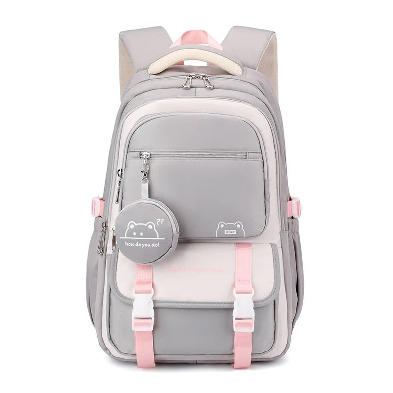 Multi-pocket school backpack with zipped compartments, front pouch and side pockets