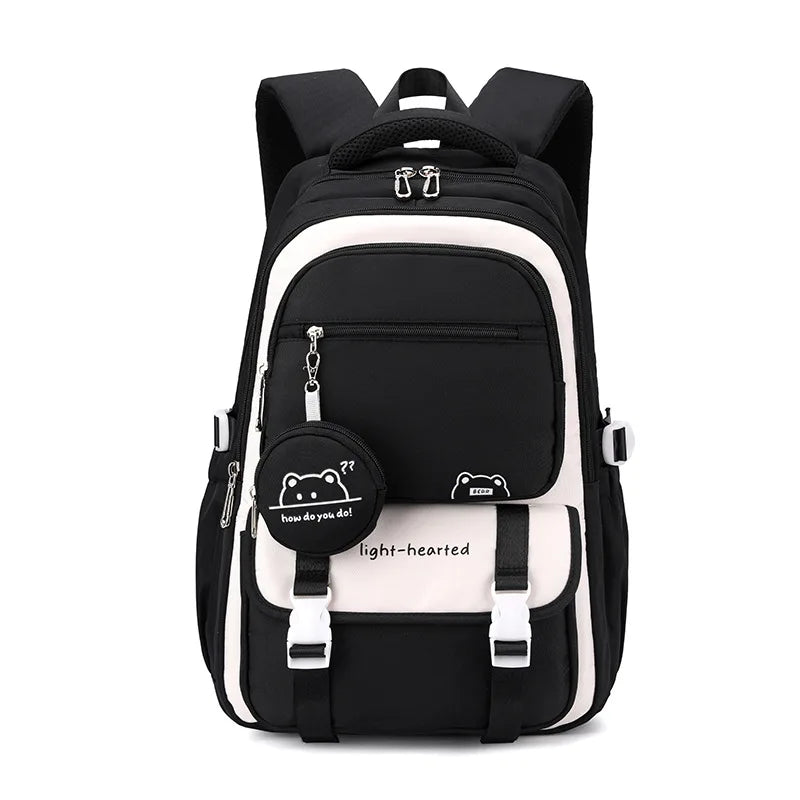 Multi-pocket school backpack with zipped compartments, front pouch and side pockets