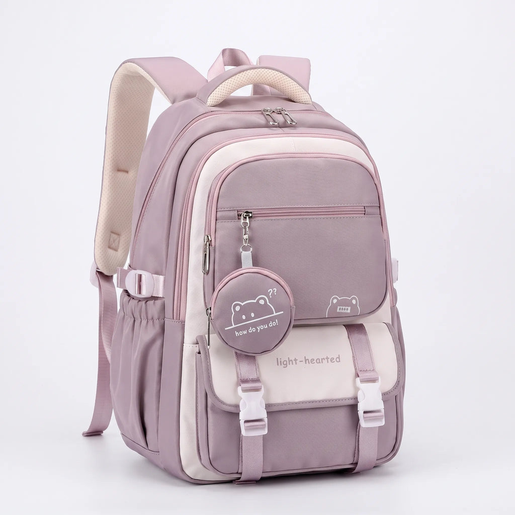 Multi-pocket school backpack with zipped compartments, front pouch and side pockets