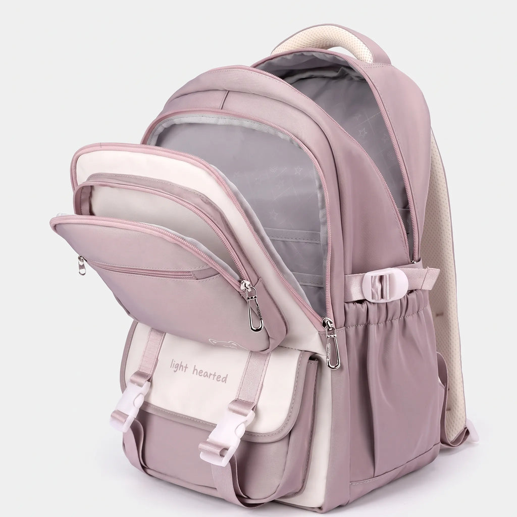 Multi-pocket school backpack with zipped compartments, front pouch and side pockets