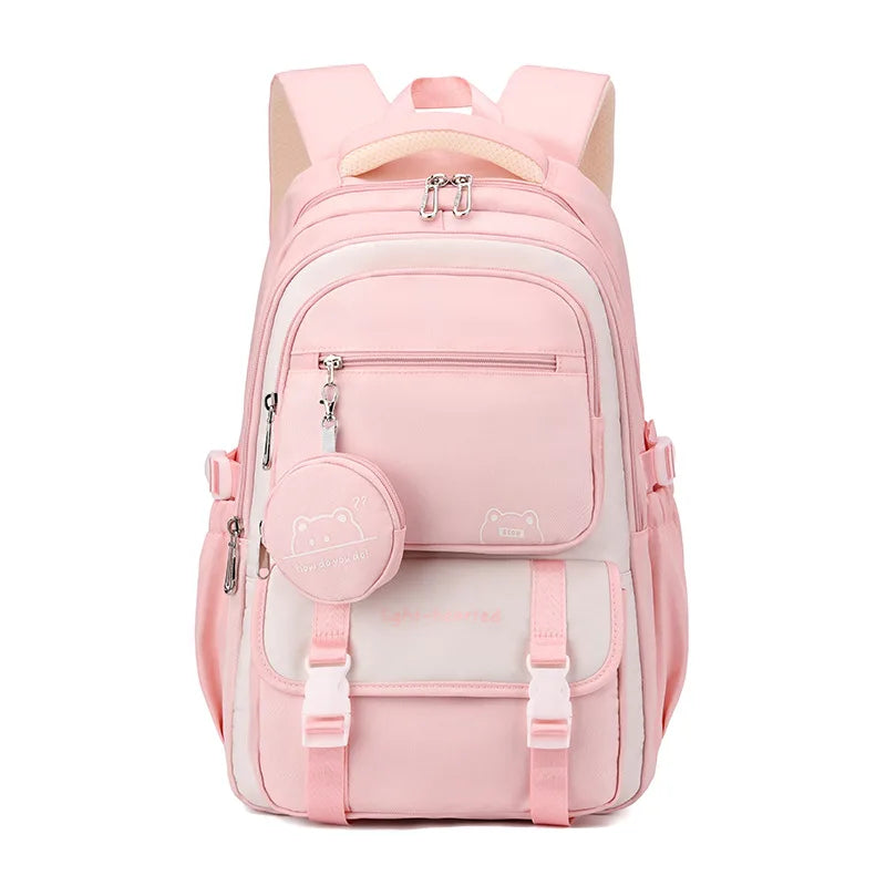 Multi-pocket school backpack with zipped compartments, front pouch and side pockets