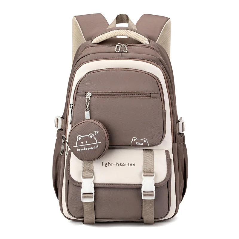Multi-pocket school backpack with zipped compartments, front pouch and side pockets