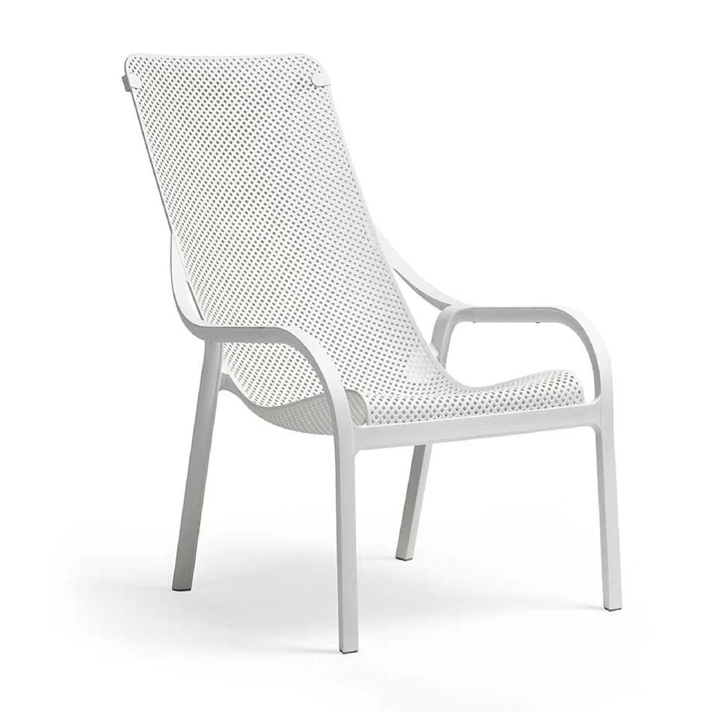 Perforated outdoor lounge chair with integrated arms and four legs