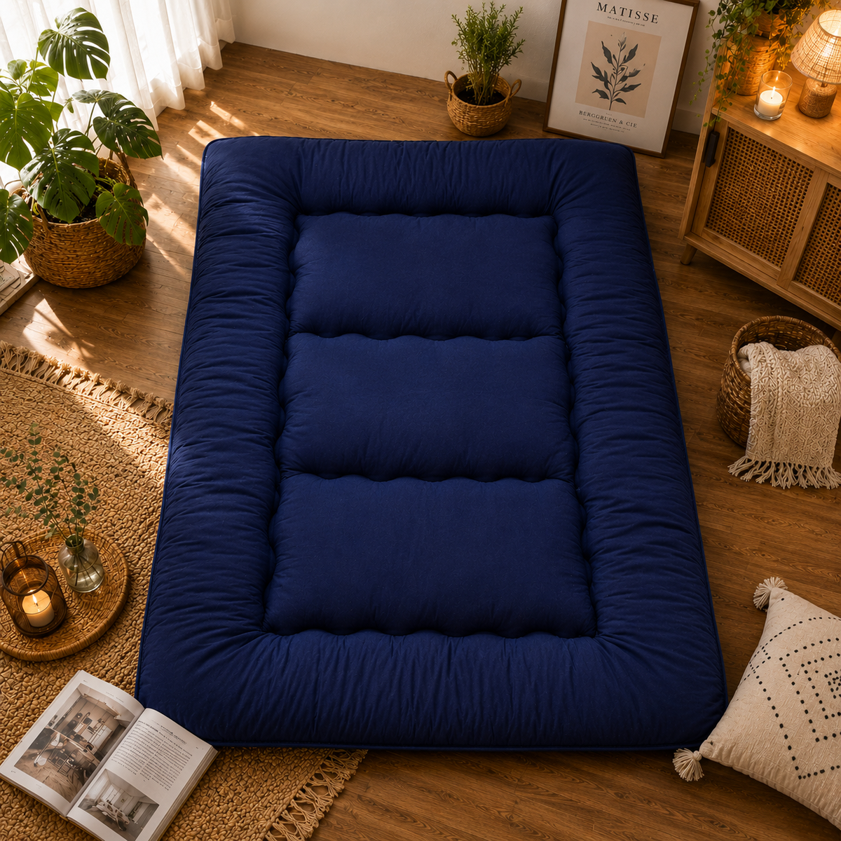 Foldable padded Japanese floor mattress with a raised border