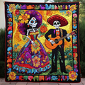 Colourful Dia De Los Muertos quilted blanket with skeleton musicians and flowers