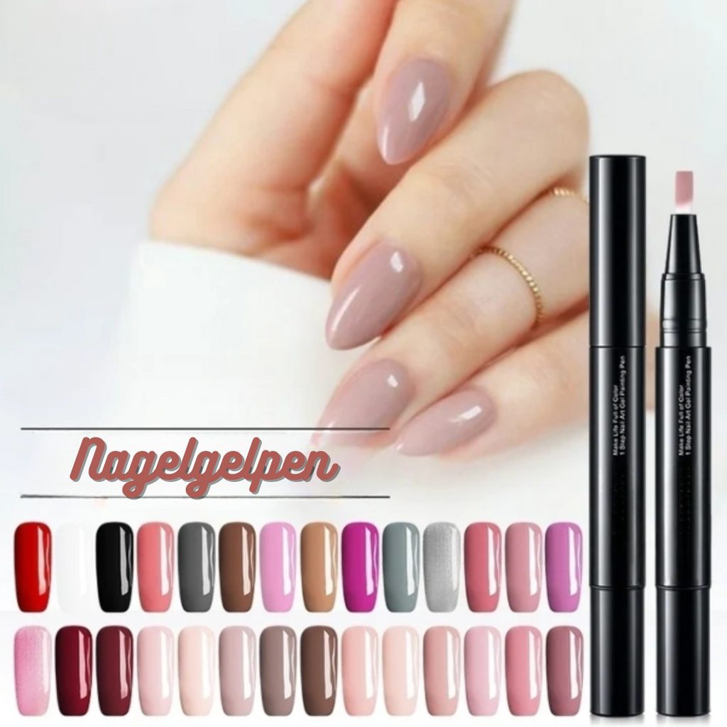 Black nail art gel pen with capped tip and multiple visible nail colour shades
