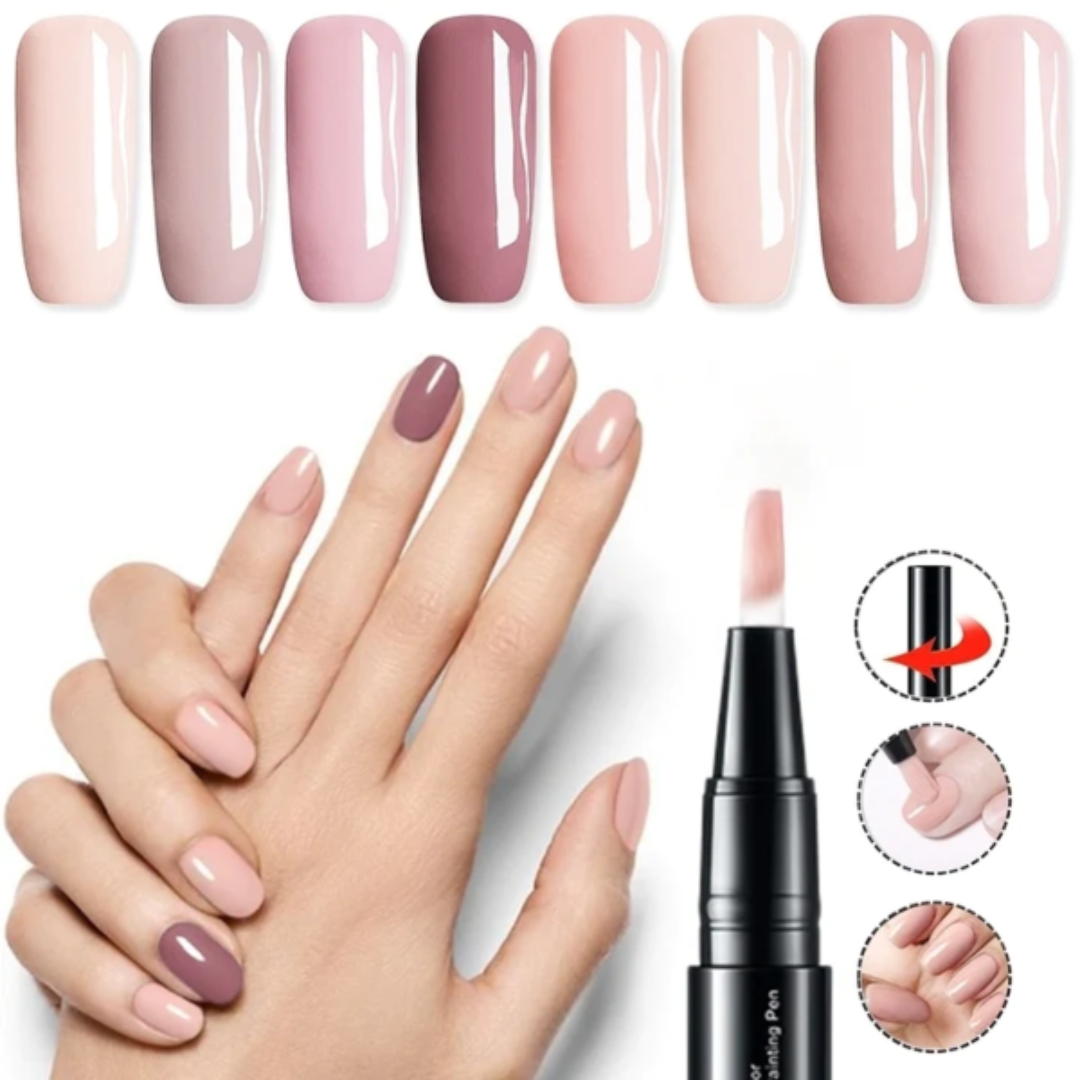 Black nail art gel pen with capped tip and multiple visible nail colour shades