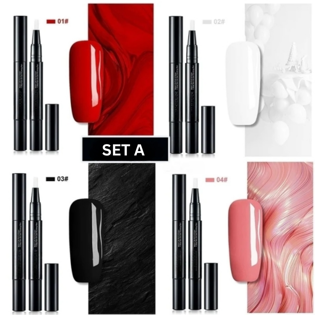Black nail art gel pen with capped tip and multiple visible nail colour shades