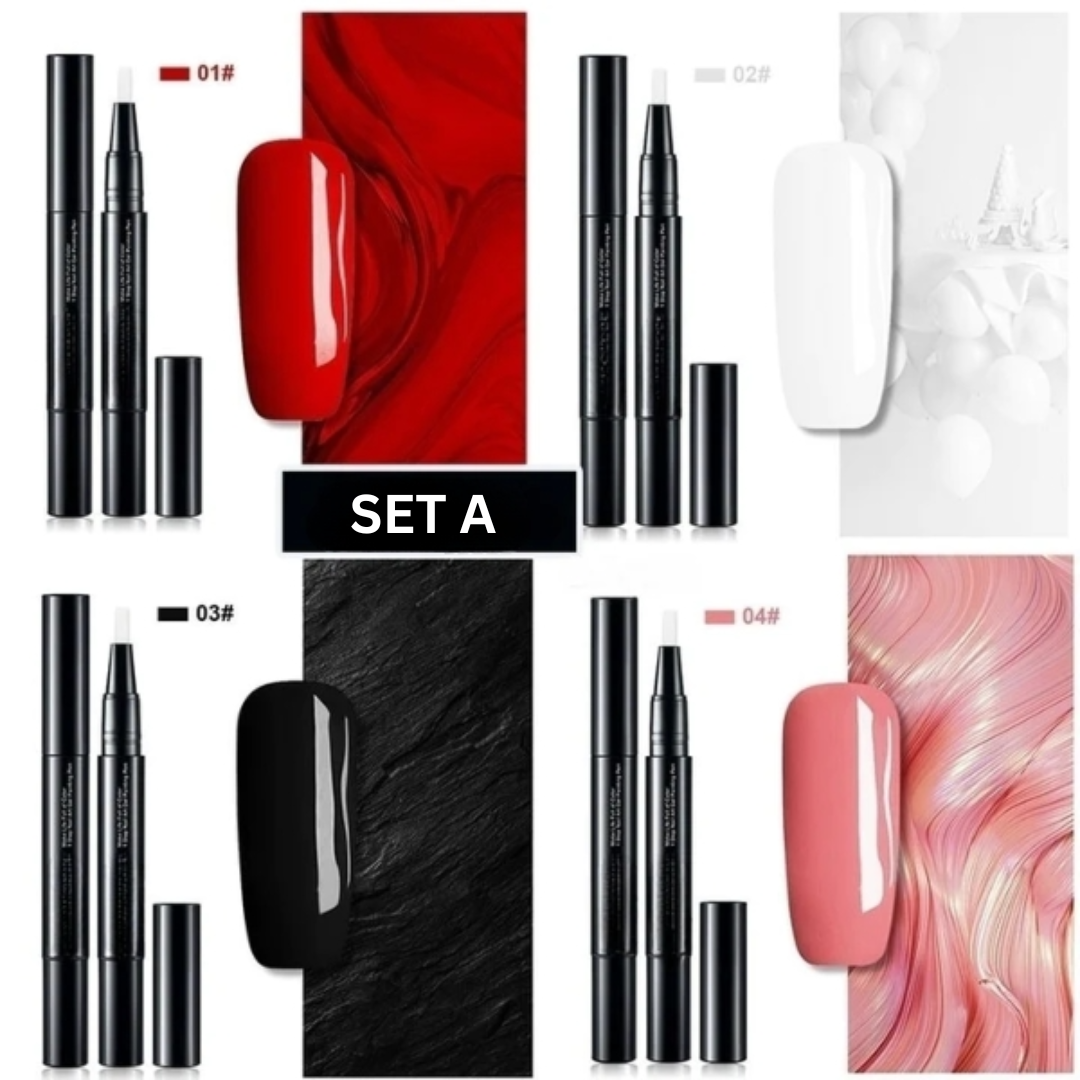 Black nail art gel pen with capped tip and multiple visible nail colour shades