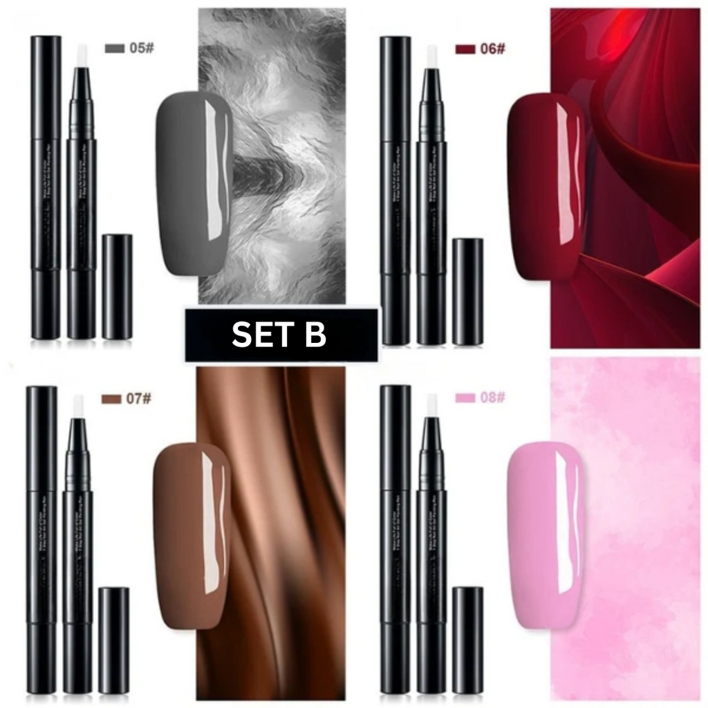 Black nail art gel pen with capped tip and multiple visible nail colour shades