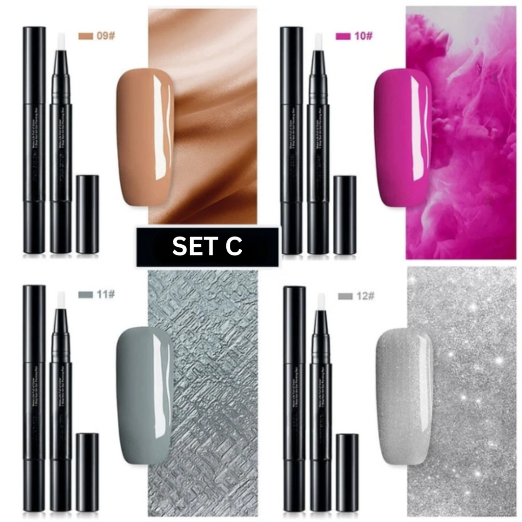 Black nail art gel pen with capped tip and multiple visible nail colour shades