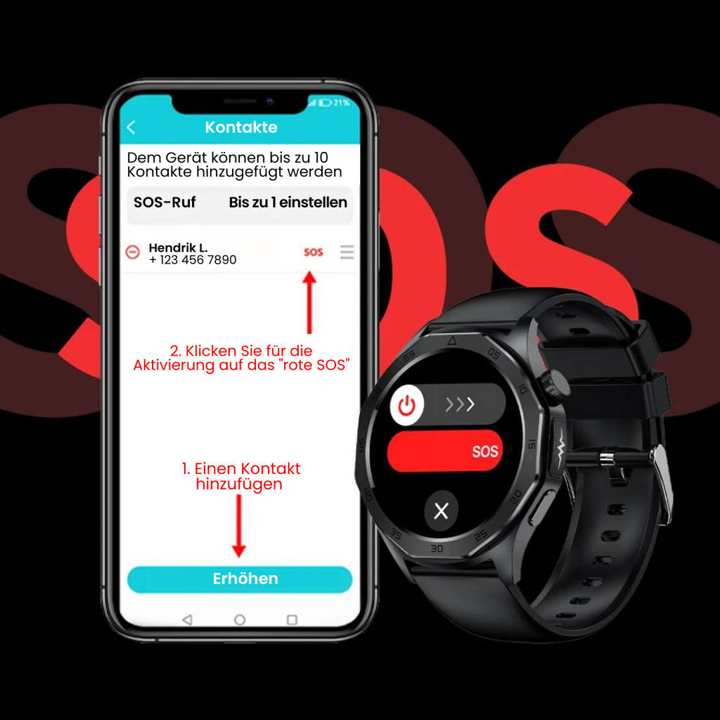 Black round smart health watch with SOS function and black wrist strap