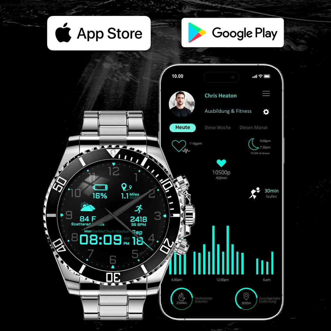 Smartwatch with round analogue-style dial and metal link bracelet
