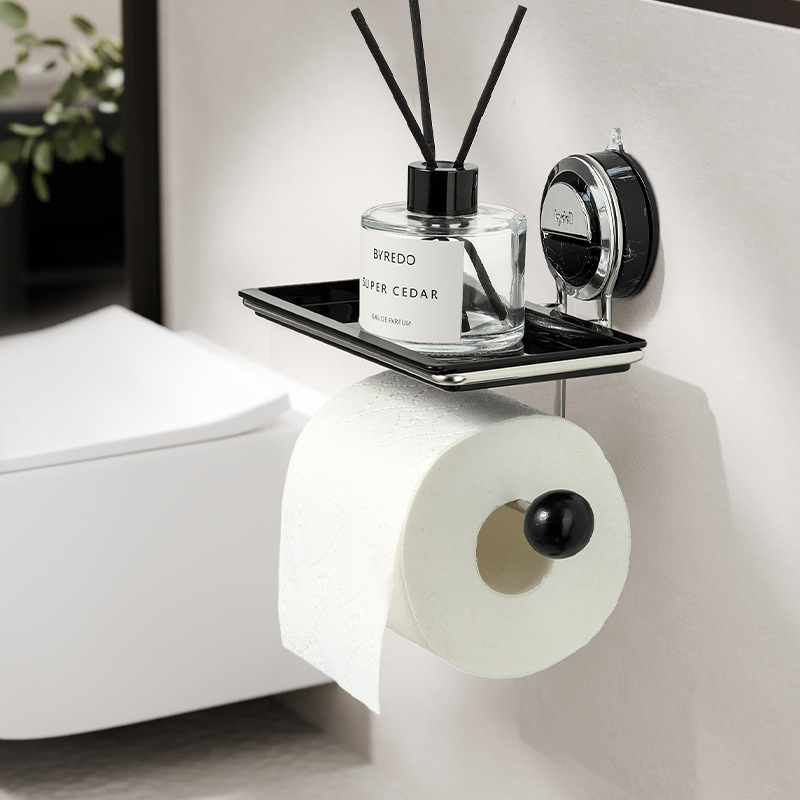 No-drill suction toilet paper holder stand with integrated bathroom shelf