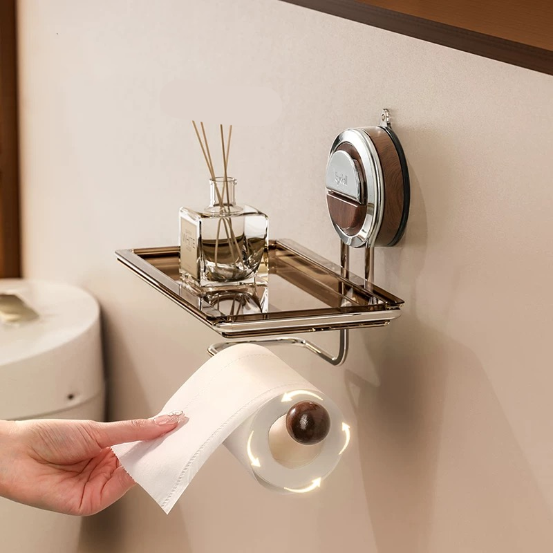 No-drill suction toilet paper holder stand with integrated bathroom shelf