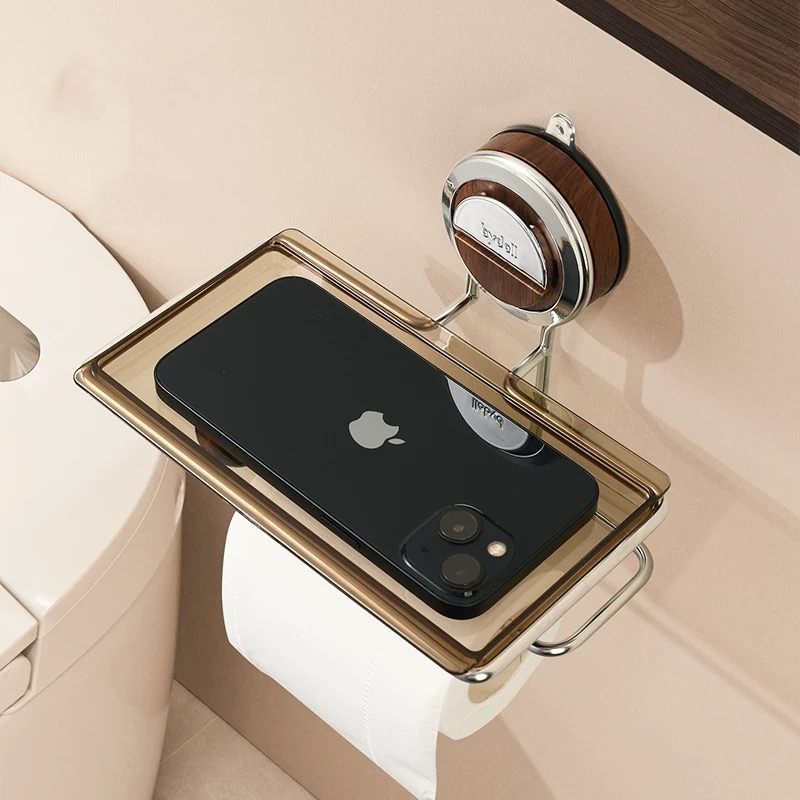 No-drill suction toilet paper holder stand with integrated bathroom shelf