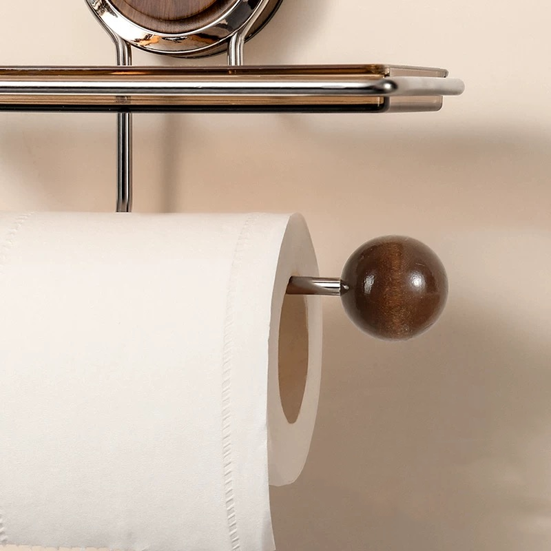 No-drill suction toilet paper holder stand with integrated bathroom shelf
