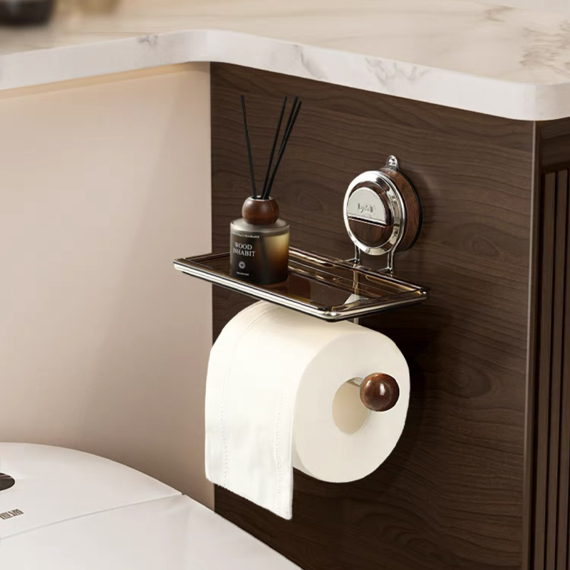 No-drill suction toilet paper holder stand with integrated bathroom shelf
