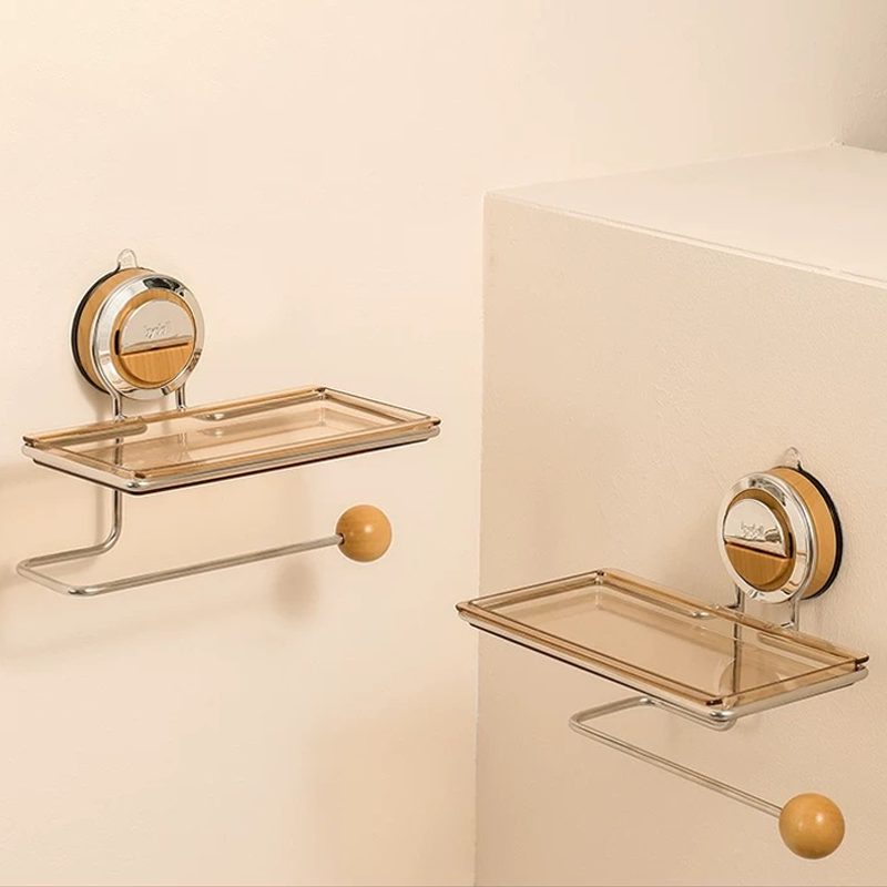 No-drill suction toilet paper holder stand with integrated bathroom shelf