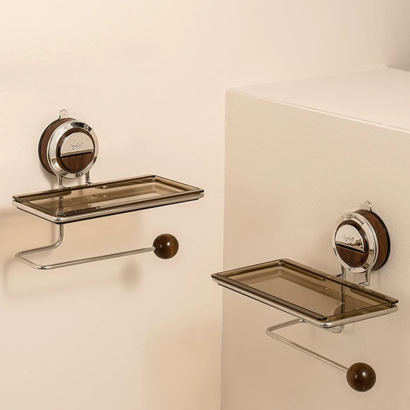 No-drill suction toilet paper holder stand with integrated bathroom shelf