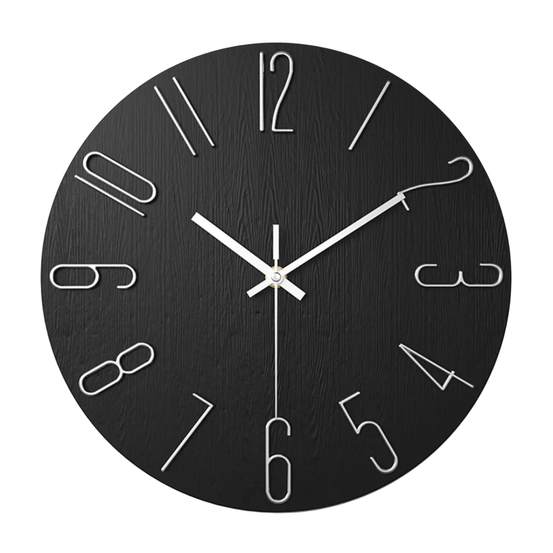 Round minimalist quartz wall clock with wood-effect face and raised numeral markers