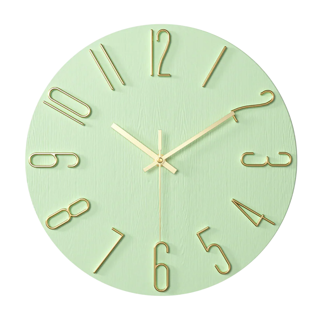 Round minimalist quartz wall clock with wood-effect face and raised numeral markers