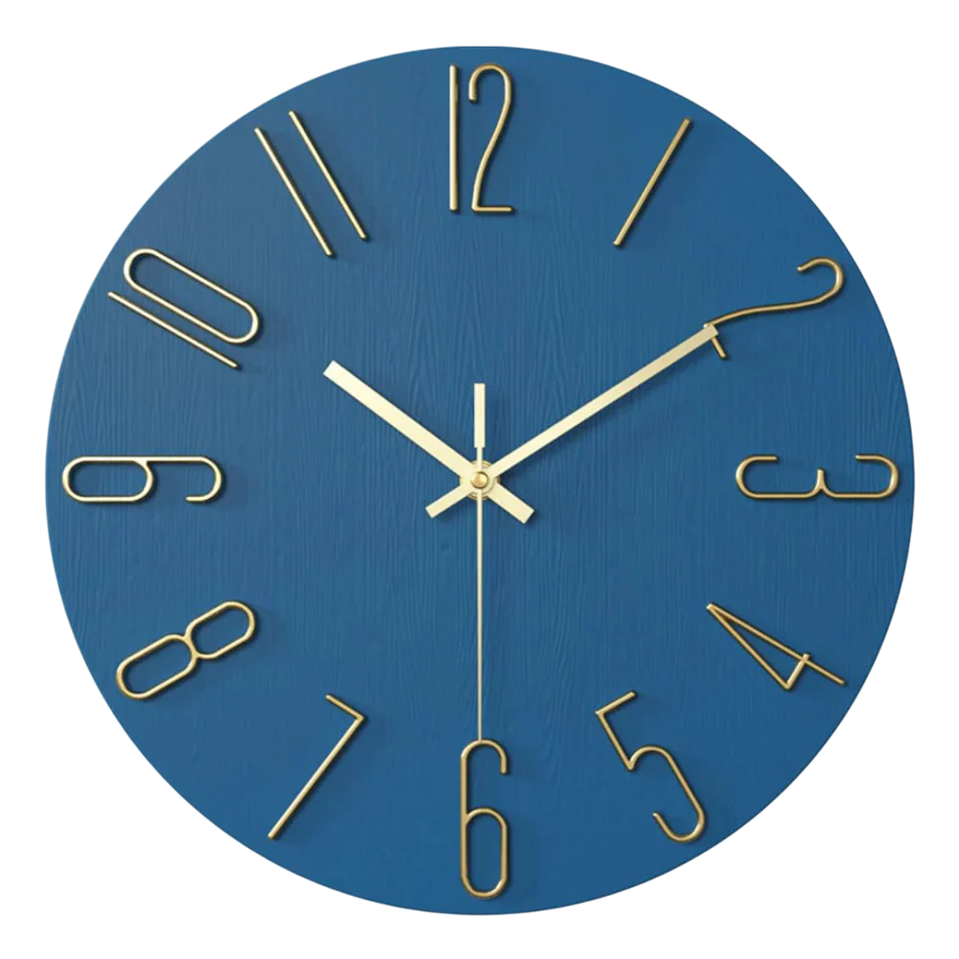 Round minimalist quartz wall clock with wood-effect face and raised numeral markers