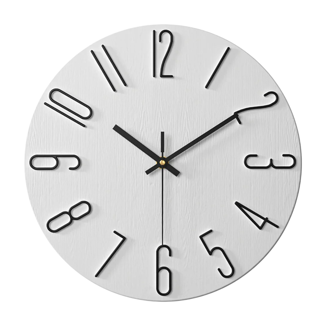 Round minimalist quartz wall clock with wood-effect face and raised numeral markers