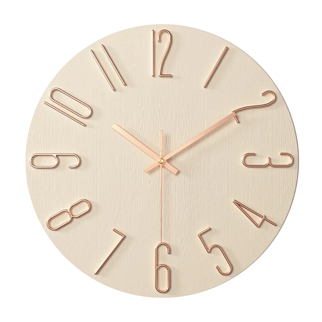 Round minimalist quartz wall clock with wood-effect face and raised numeral markers