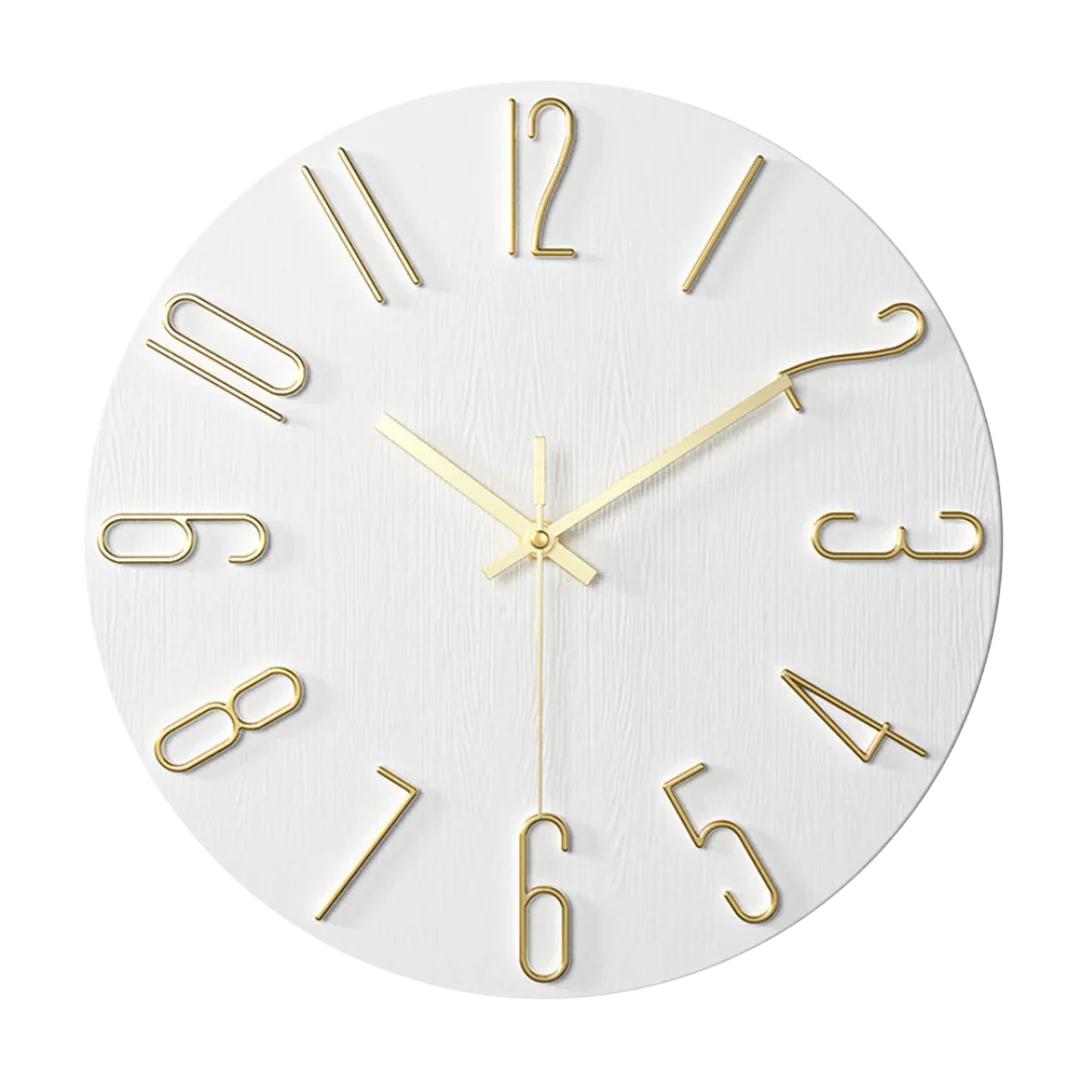 Round minimalist quartz wall clock with wood-effect face and raised numeral markers