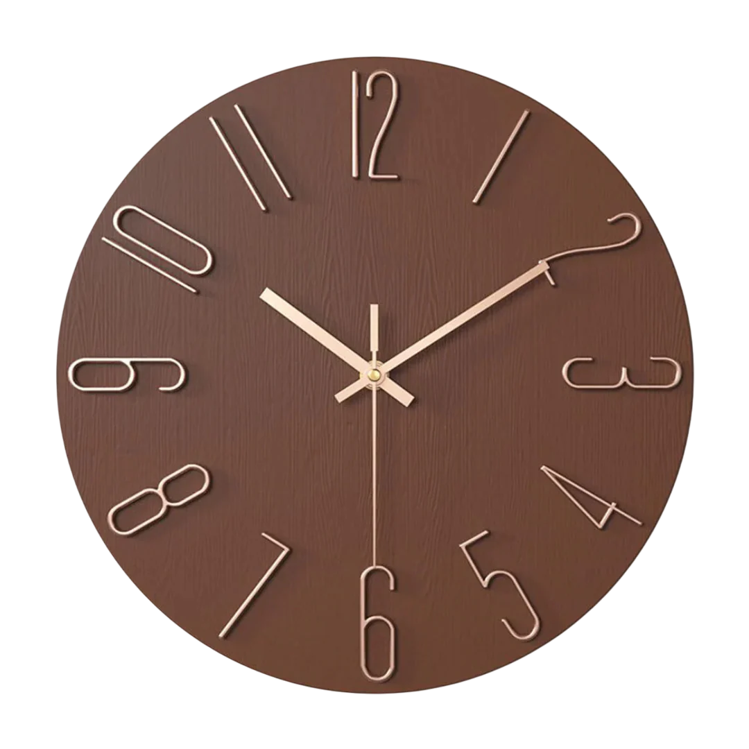 Round minimalist quartz wall clock with wood-effect face and raised numeral markers