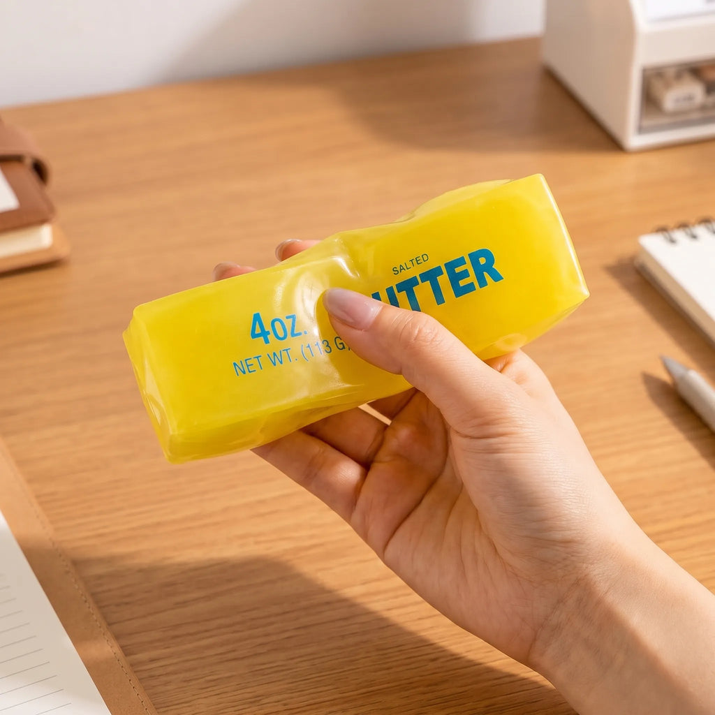 Nubbro - Butter Shaped Sensory Fidget Toy Squeezing It During A Work Break To Ease Restless Hands
