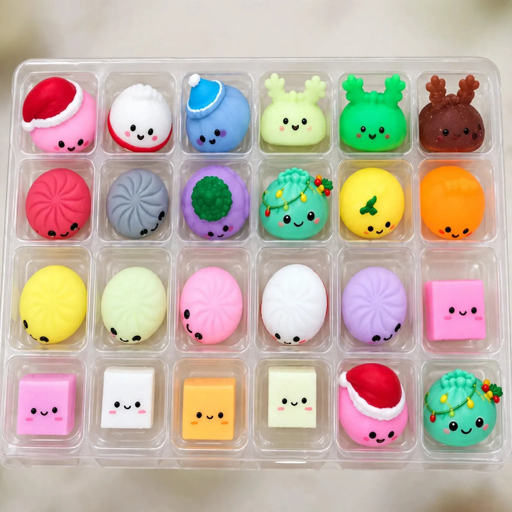 Christmas advent calendar box with 24 colourful squishy character toys