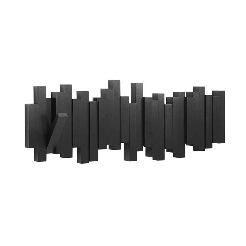 Wall mounted coat rack with staggered wood-effect pegs