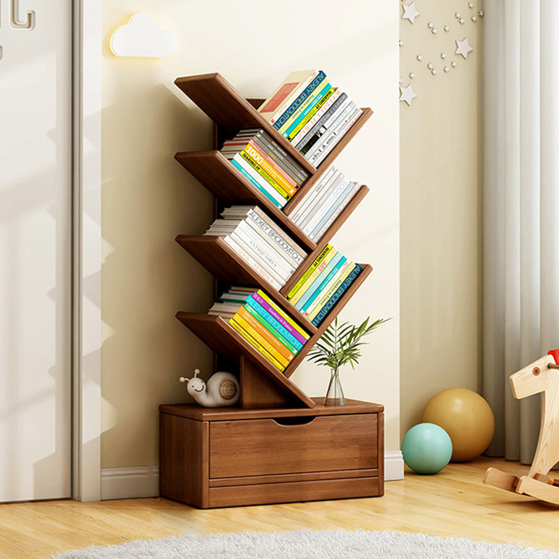 Rectangular tiered bookshelf with angled compartments and two storage drawers
