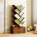 Rectangular tiered bookshelf with angled compartments and two storage drawers