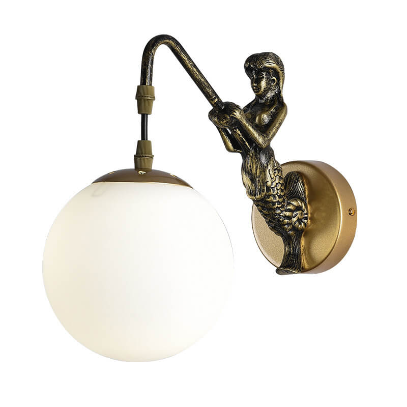 Decorative mermaid wall sconce with textured glass orb