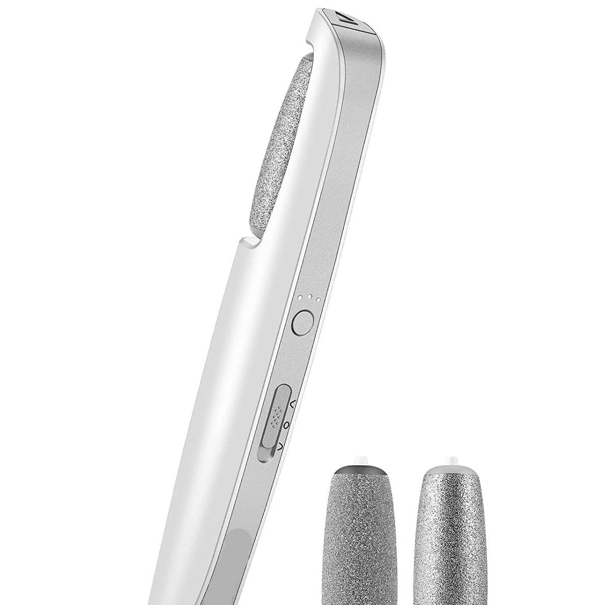 Handheld electric callus remover foot file with contoured casing and power button